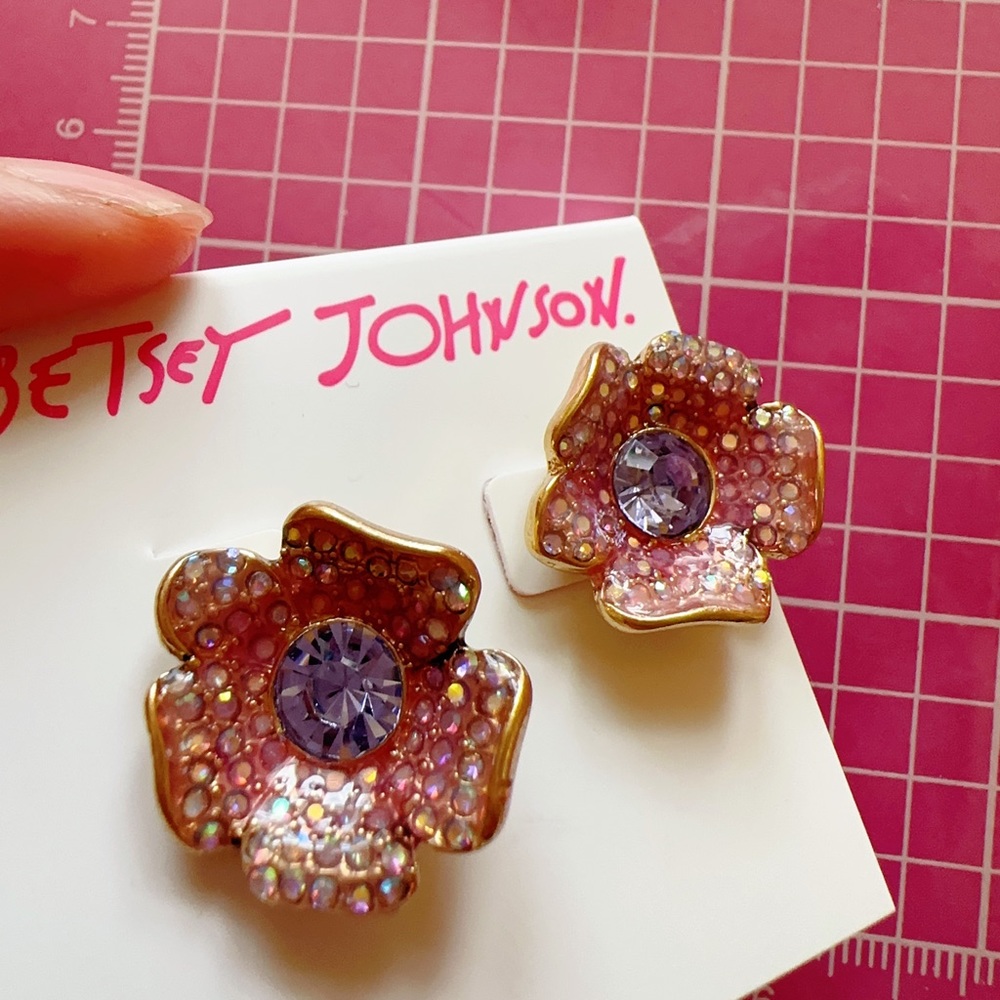 Betsey Johnson earrings pink purple diamonds paved flower - Picture 3 of 5